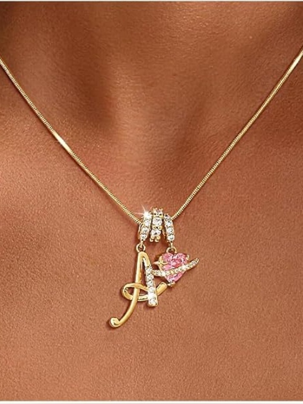 Y2K Gold tone Initial 'A' Pendant Necklace with Pink Crystal Accent